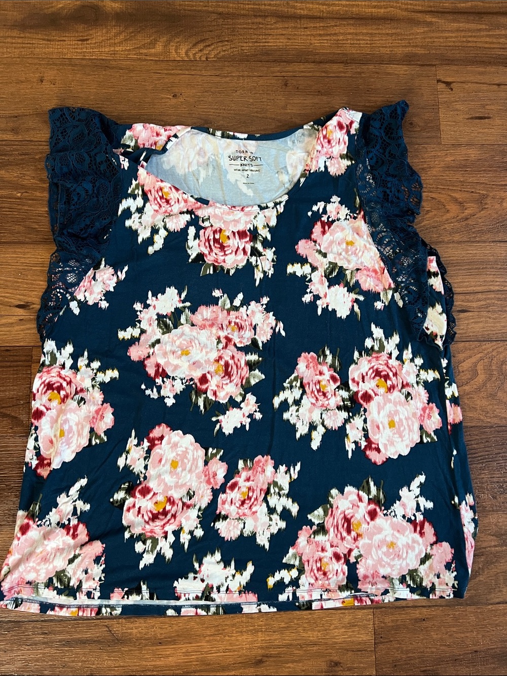torrid Navy Floral Tank with Pink Lace Cap Sleeves